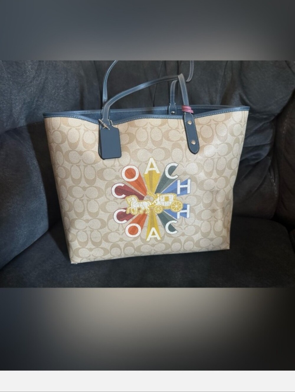 Coach Reversible City Tote Radial Rainbow Signature Canvas C6813 w/ Pouch EUC